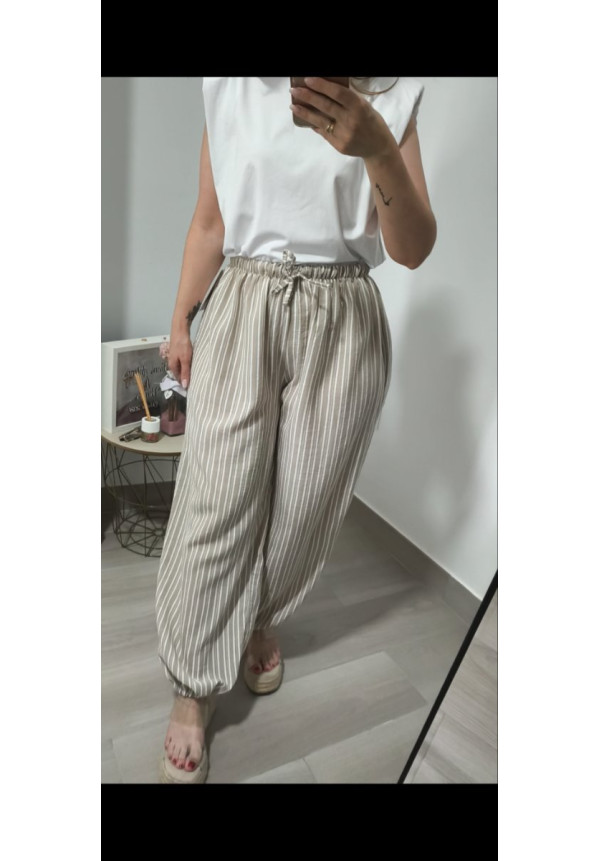 Pantalón bombacho efecto lino rayas