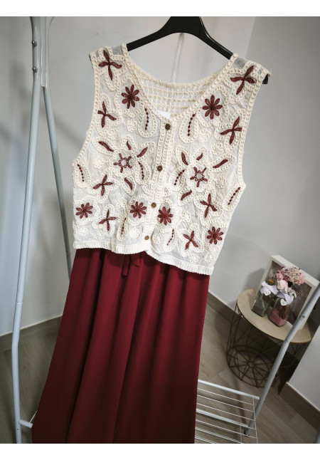 Chaleco crochet flores burdeos