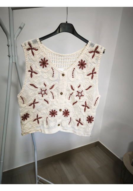 Chaleco crochet flores burdeos