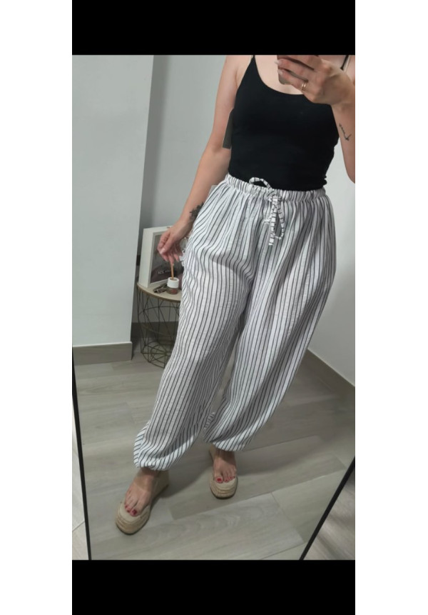 Pantalón bombacho efecto lino rayas